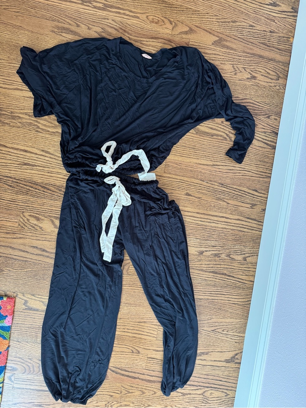 Eberjey Black Jumpsuit with Cream Waist Tie